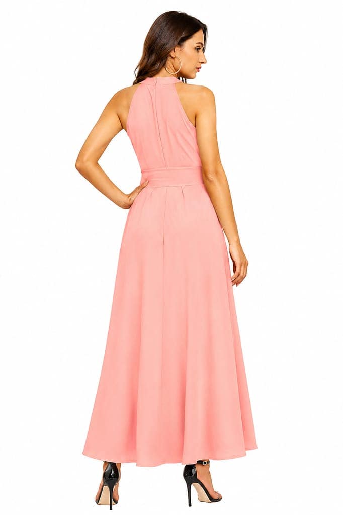 LICOLA Women & Girls Halter Neck High Low Maxi Dress with Waist Tie | Stylish One Piece Long Gown for Women | Sleeveless Western Dress for Women Party Wear & Casual view 4