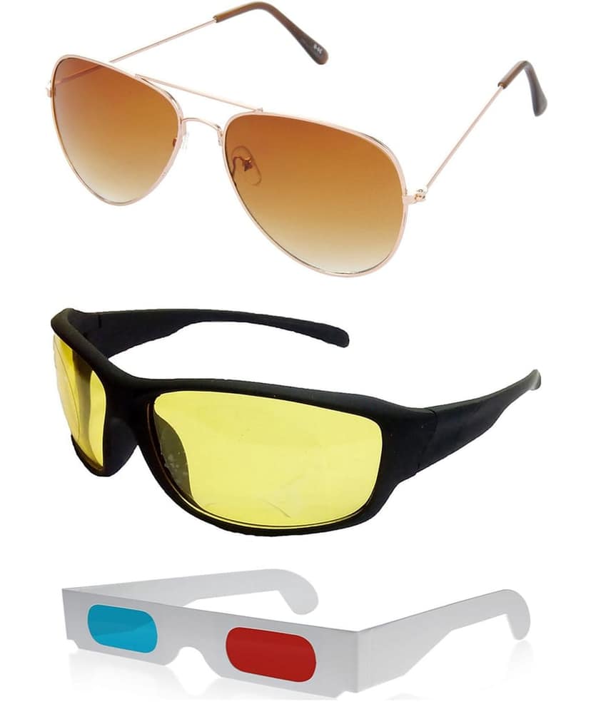 HRINKAR Pilot And Sports Stylish Sunglasses For Men And Women (Brown And Yellow Lens | Gold And Black Frame - HCMB014) With Free Paper 3D Glass