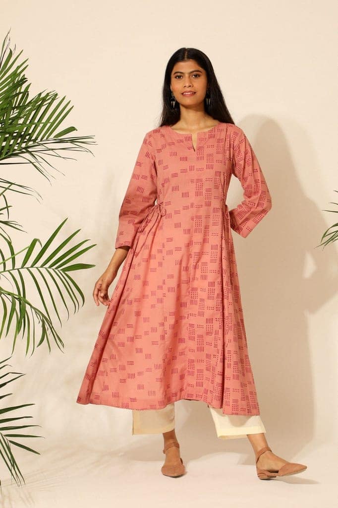 Tiera Pink Block Printed Flared Kurta view 3