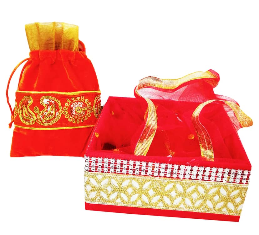 Omkar by R3 Inc. Royal Gift Basket & Shagun Potli Combo pack for Gifts Hampers | Fancy Gifting | Wedding Gifting|Shagun|Return Gift (Pack of 2 / Standard) Shagun Potli & Square Basket - Multi Color view 2