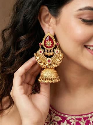 LUCKY JEWELLERY Traditional Kashmiri Gold-Plated Earrings with Ruby & (1083-KJG-31804-R)