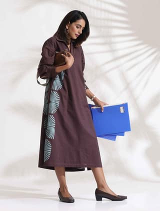 trueBrowns Cola Cotton Print A-line Dress - Brown (XL)