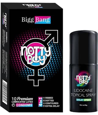 NottyBoy Long Last Delay Spray For Men 20g, 4in1 Dotted & Ribbed Contoured Over Time Condoms - Pack of 1