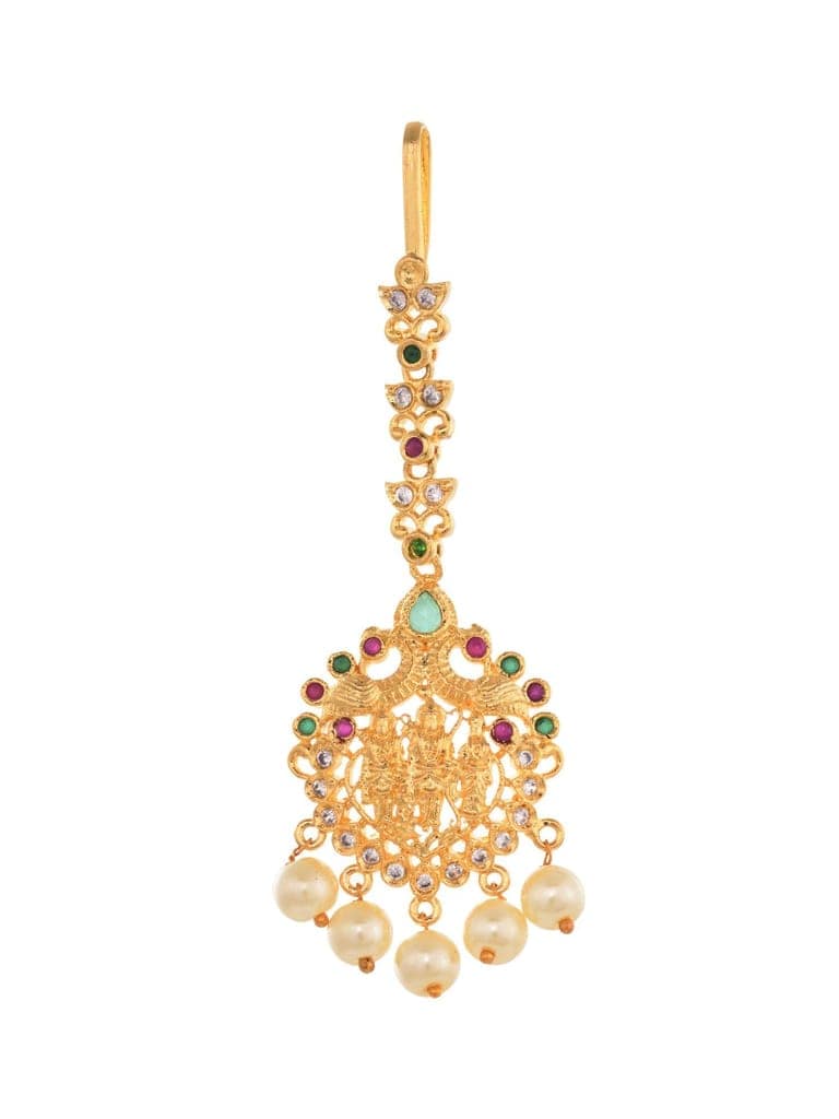 Gold Plated Red Green AD Studded Temple Antique Mangtikka view 4