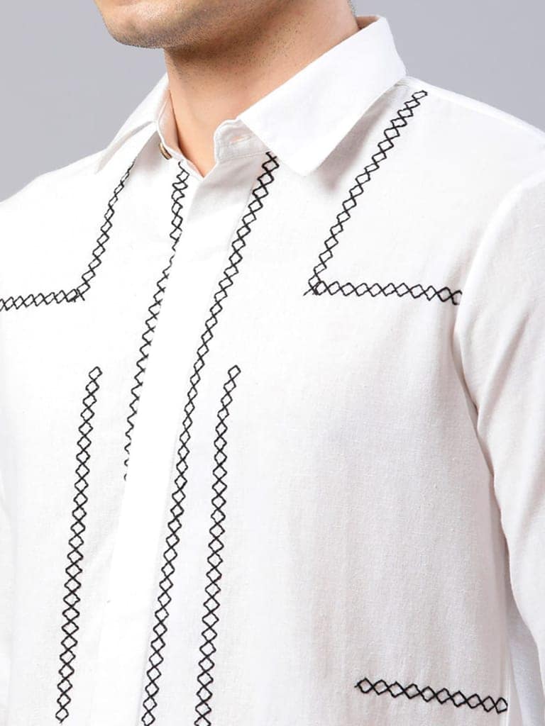Classy White Cross-Stitch Embroidered Shirt view 6
