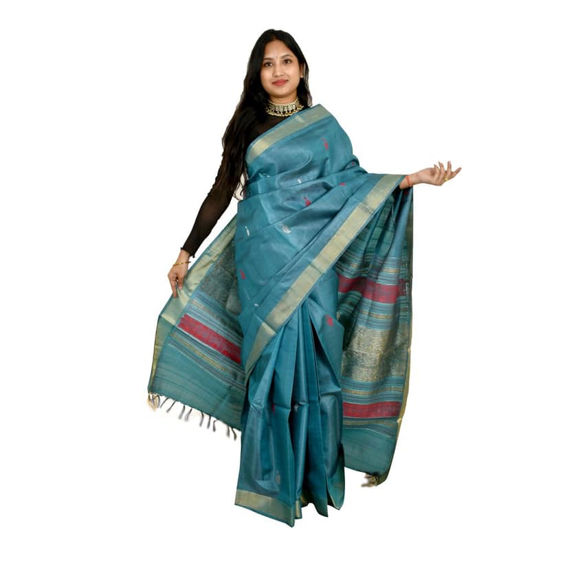 Tribes India Beige Tassar Silk Saree with Blue Motifs