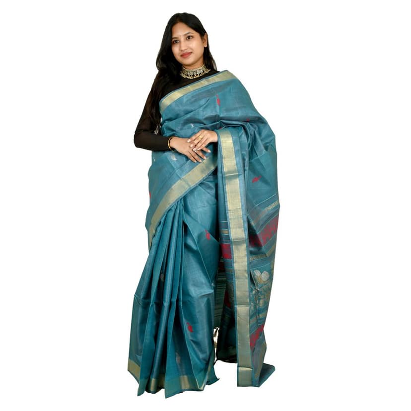 Tribes India Beige Tassar Silk Saree with Blue Motifs view 2
