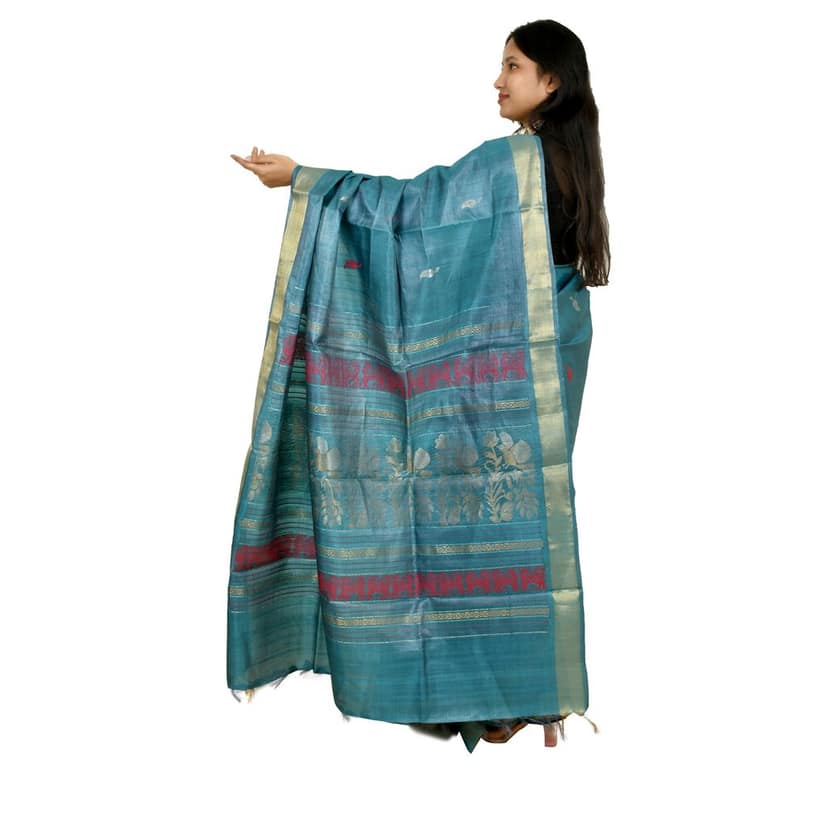 Tribes India Beige Tassar Silk Saree with Blue Motifs view 3