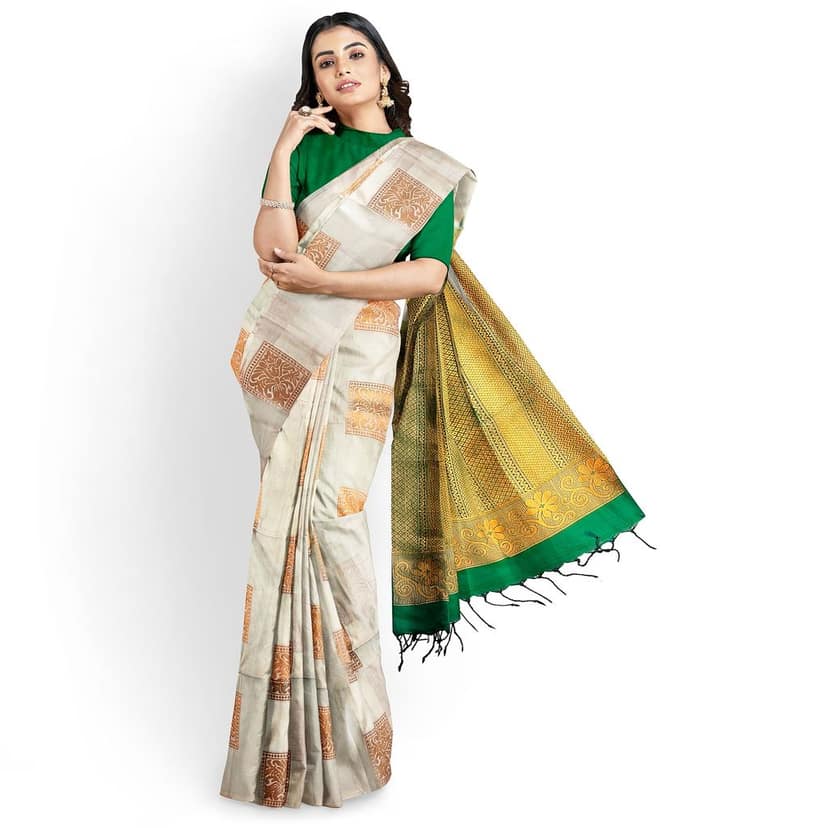 White and beige color pure soft silk saree with zari woven floral buttas view 2
