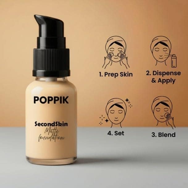 POPPIK Second Skin Matte Foundation 40ml | Paraben & Sulfate Free, Mineral Oil Free, Hydrating Buildable Coverage with UV Protection | Smooth, Natural, Non-Greasy Finish for All Skin Types view 5