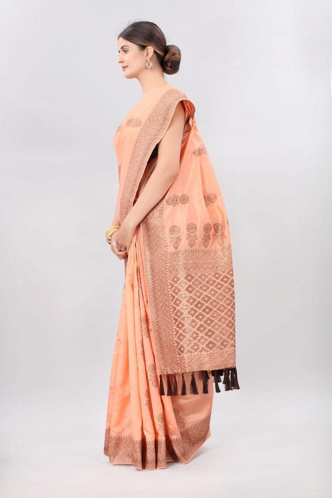 Light Orange &amp; Gold Toned Woven Soft Silk Kanjeevaram Saree view 2