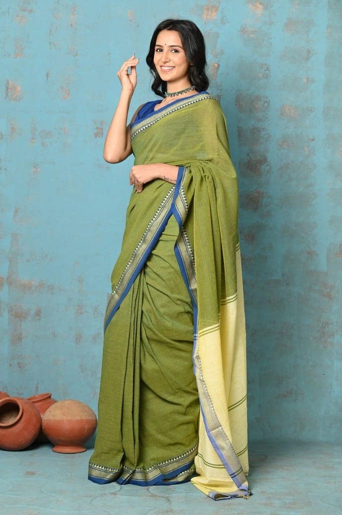 Tyohaar ~ Pure Mul Cotton Handloom Saree - Mehendi Green view 2