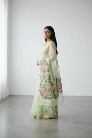 Handwoven Kota Doria Saree in Pista Green with Floral Block Print