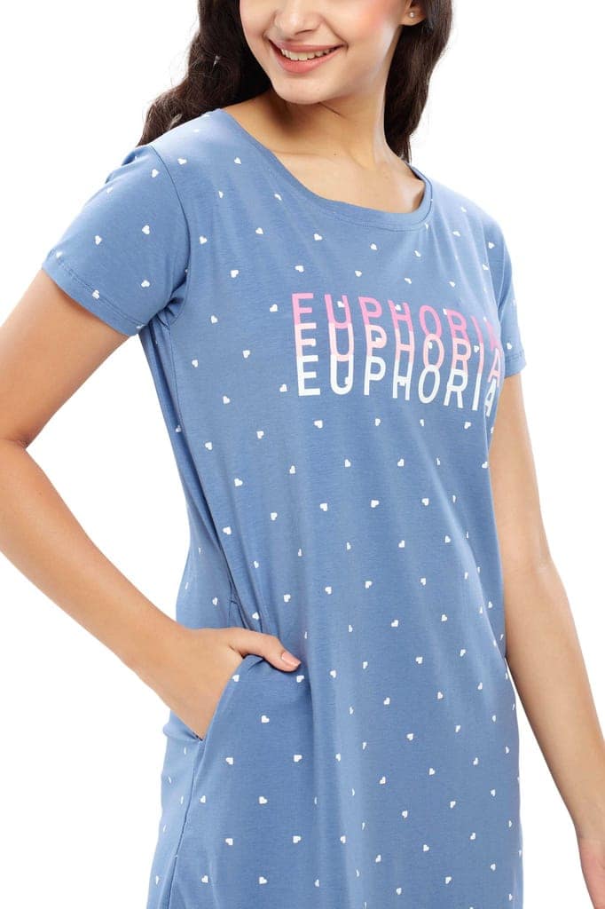ZEYO Women Cotton Night Dress Blue Heart Printed Short Nighty view 2