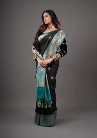 Black Banarasi Katan Silk Saree with floral Motifs and Contrast Turquoise Border | SILK MARK CERTIFIED