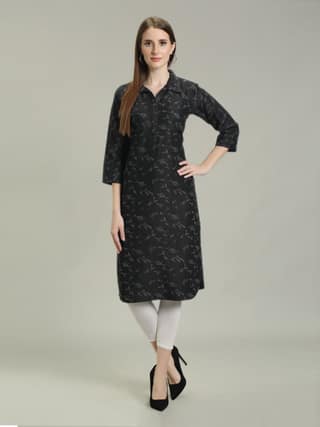 Denim Printed Apple Straight Kurti One Side Pocket, Black - XL