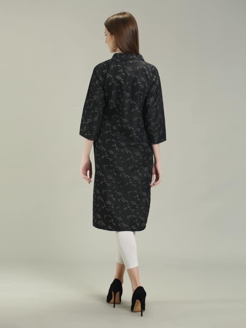 Denim Printed Apple Straight Kurti One Side Pocket, Black - XL view 2