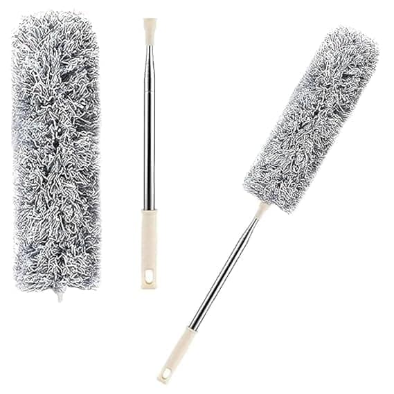 Microfiber Feather Long Feather Duster, Bendable Handled with Extra Telescopic Extending Pole and Soft Silicone Cap, Washable Duster for Cleaning Roof, High Ceiling Fan view 3