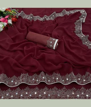 VEERAIVA Georgette Embroidered Saree With Unstitched Blouse Piece ( Purple )