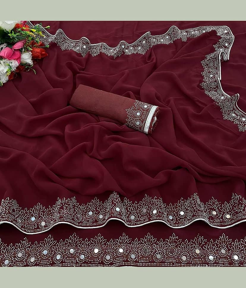 VEERAIVA Georgette Embroidered Saree With Unstitched Blouse Piece ( Purple )