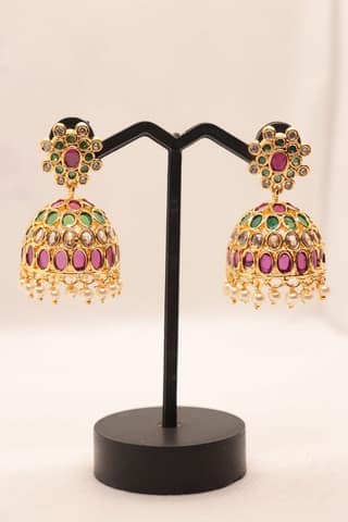 Exquisite Gold Plated Kundan and Pearl Jhumka Earrings with Ruby and Emerald Stones