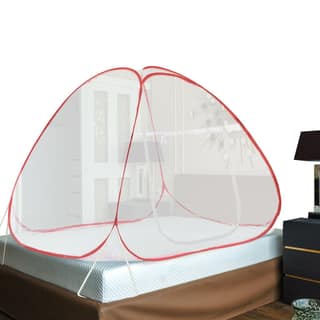 GLOBAL IMPEX Foldable Mosquito Net for Single Bed – 30 GSM Polyester Machardani with Rustproof PVC Coated Steel Frame – Easy Setup Insect Protection Net (White & Red)