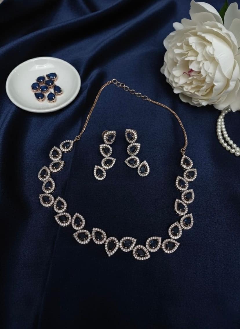 Elegant Blue Stone Rose Gold Polish Teardrop Necklace & Earring Set view 3
