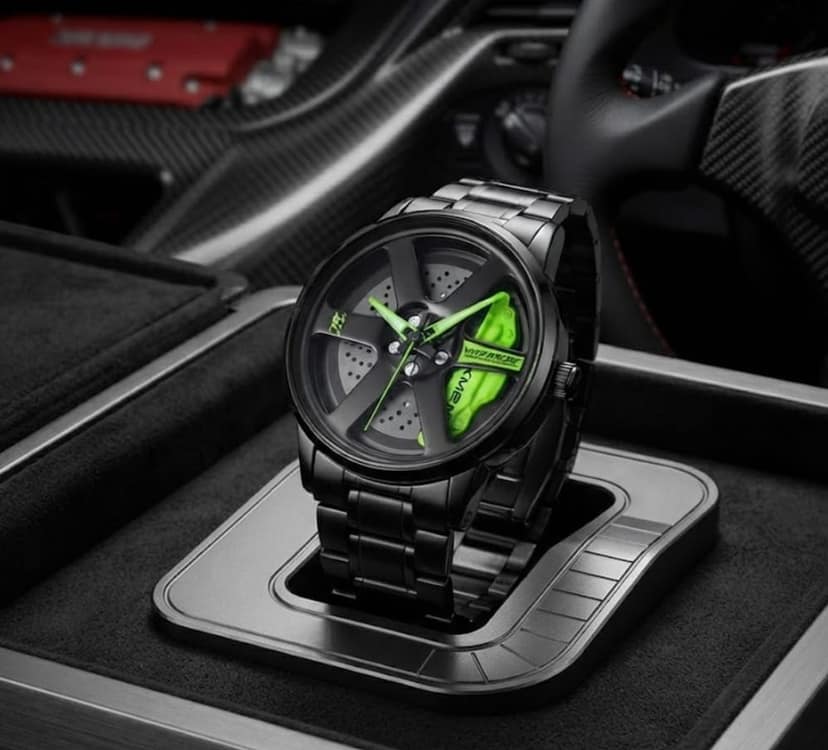 Premium Car Wheel Rim Design Analog Watch for Men with Neon Green wheel watch view 4
