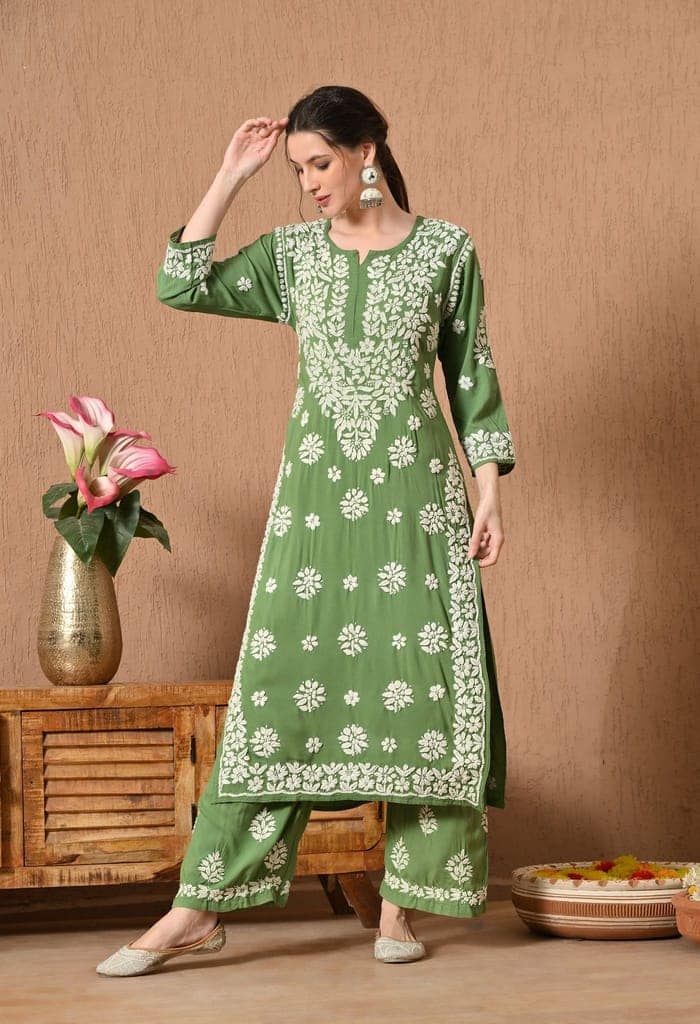 Premium Rayon Chikankari Plazo Set with Hand Embroidery & 3D Work - Green view 2