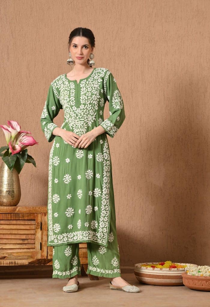 Premium Rayon Chikankari Plazo Set with Hand Embroidery & 3D Work - Green view 3
