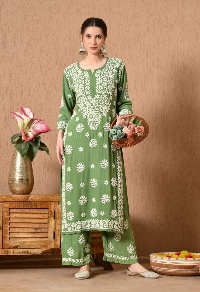 Premium Rayon Chikankari Plazo Set with Hand Embroidery & 3D Work - Green view 4