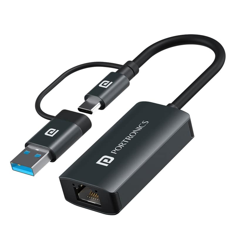 Portronics Mport X1 Gigabit Ethernet Adapter with Dual Plugs (Type C + USB), RJ45 LAN Port, 1000 Mbps Internet Speed, 10 cm Long Cable, Compatible with Laptop & Desktop