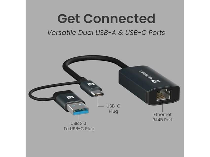 Portronics Mport X1 Gigabit Ethernet Adapter with Dual Plugs (Type C + USB), RJ45 LAN Port, 1000 Mbps Internet Speed, 10 cm Long Cable, Compatible with Laptop & Desktop view 2