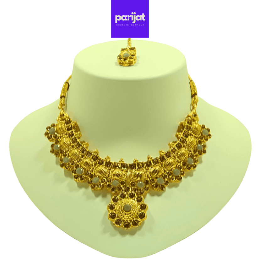 Parijat Elegant Luxury Handcrafted Gold Plated Necklace Jewellery Set with Earrings And Mangtika, Grey Stone view 2