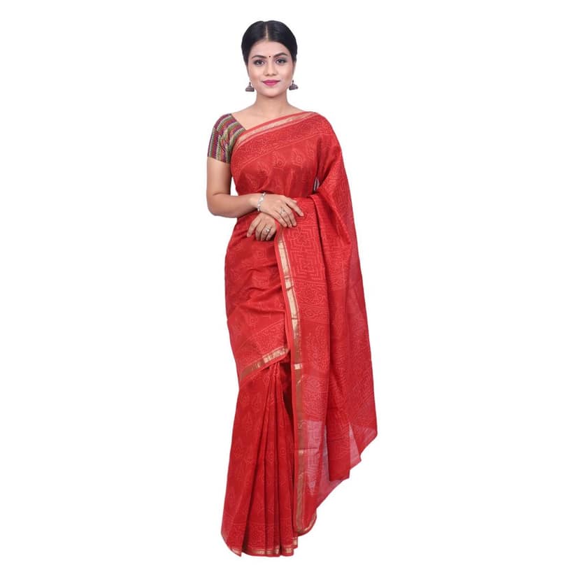HANDLOOM MAHESHWARI SAREE- (COTTON+SILK MIX) WITH BLOUSE (SKU - 3I0102030422 SAREE- 100)