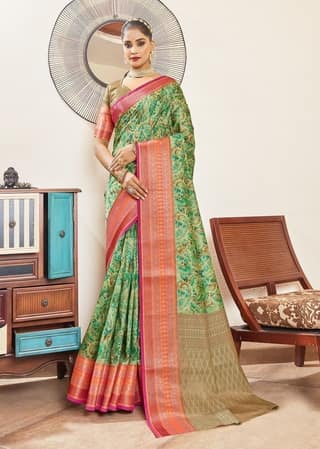 Digital Printed Art Silk Saree in Green