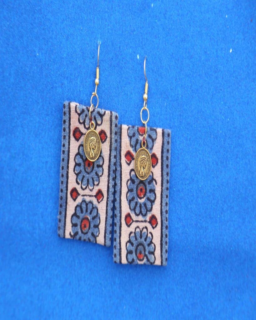 Cream Blue Trendy Floral Dangler Earrings view 2
