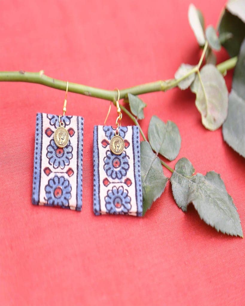 Cream Blue Trendy Floral Dangler Earrings view 3