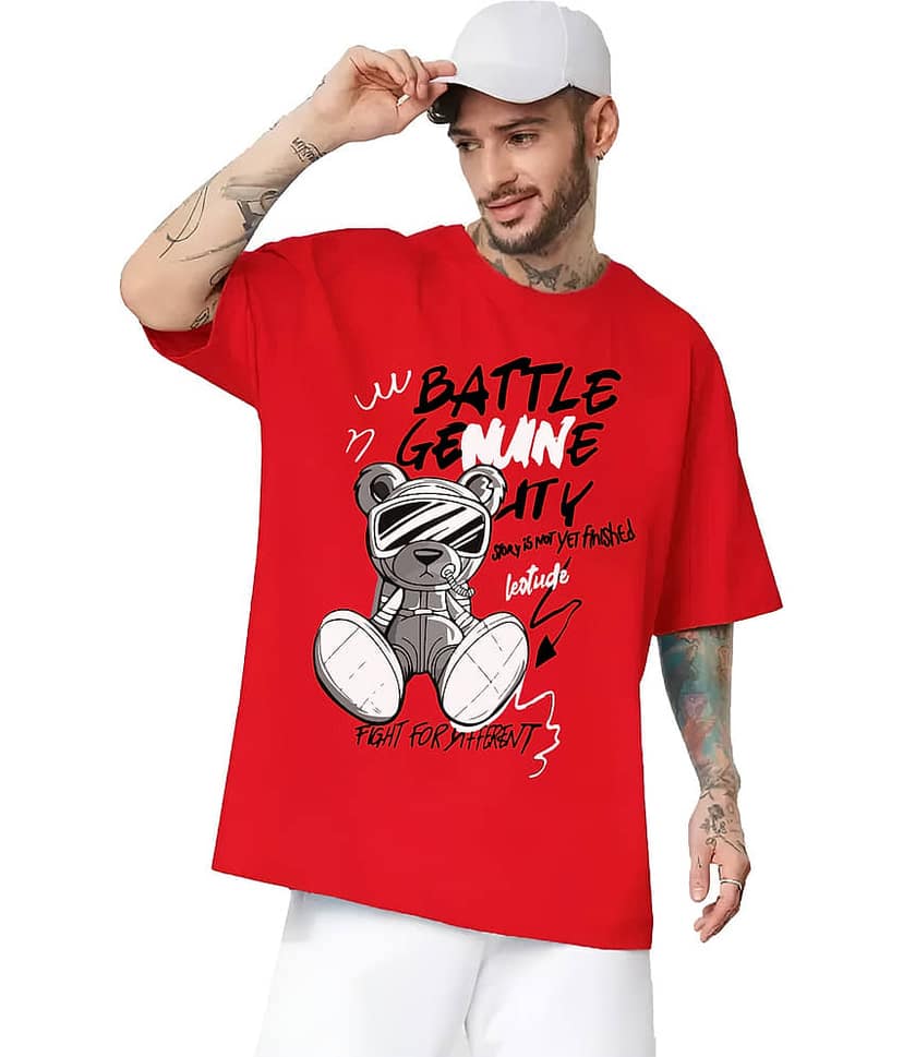 Leotude Men Cotton Blend Oversized Fit Printed T-Shirt ( Red )
