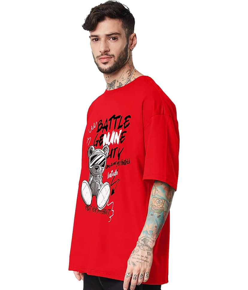 Leotude Men Cotton Blend Oversized Fit Printed T-Shirt ( Red ) view 2