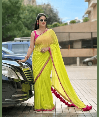 BLEESBURY Georgette Solid Saree With Unstitched Blouse Piece ( Lime Green )