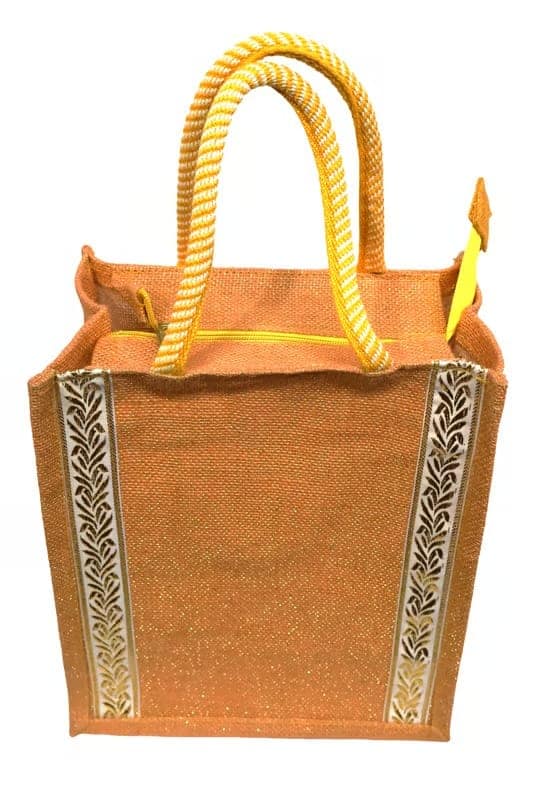Eco-Friendly Orange Jute Tote Bag with Golden Leafy Embroidery & Rope Handles view 2