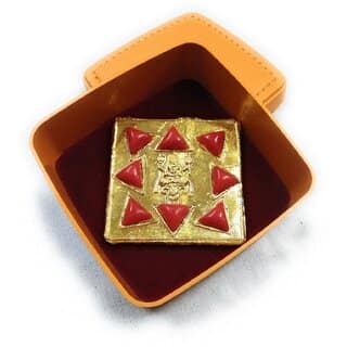 Mangal Yantra with Munga/Moonga (Red Coral) Stone in Gold Plated for Pooja and Wealth/Business, Status Prosperity