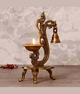 eCraftIndia Yellow Showpieces Antique Finish Parrot Showpiece Diya with Bell