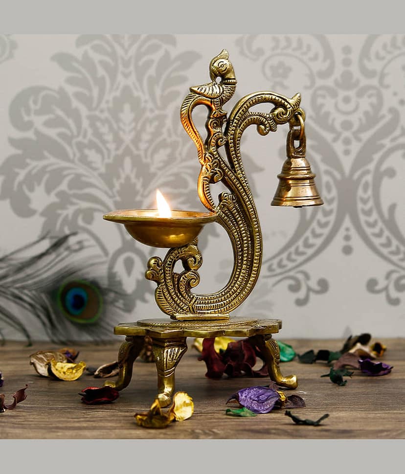 eCraftIndia Yellow Showpieces Antique Finish Parrot Showpiece Diya with Bell view 2