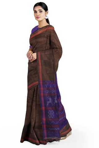 Garvi Gurjari (A Gujarat Govt Enterprise womenBrown and Purple Tangaliya Cotton Silk Handwoven Saree(GGCSTCSS13)