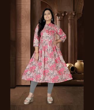 RIAANA Women Cotton Printed Anarkali Kurti ( Pink )