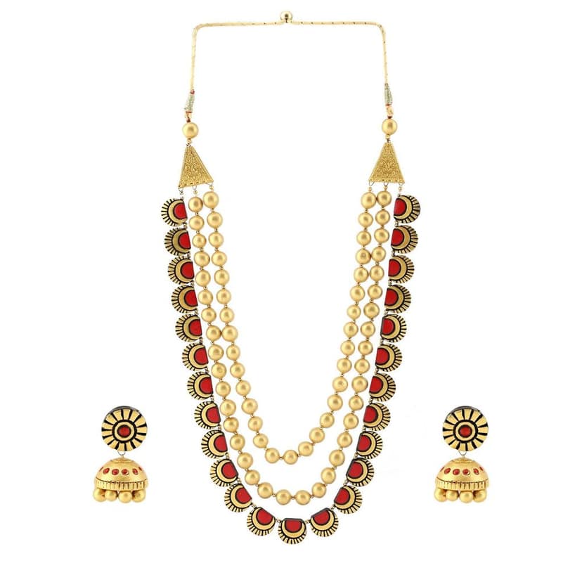 Ekam Ek terracotta necklace with earrings for women and girls for casual and formal wear for suit saree and skirt in gold and red colour