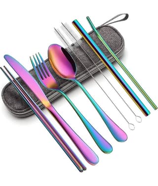 Rainbow Portable Utensils Set,Reusable Travel Silverware Dinnerware Cutlery Set with Case Stainless Steel Flatware Set for Camping 8pcs Including Dinner Knife Fork Spoon Chopsticks Boba Straw