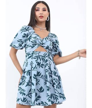 Ketch Women Polyester Printed Cut Out Dress ( Blue )